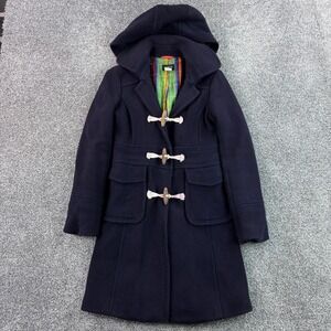 J Crew Duffle Coat Women's 0 Navy Blue Wool Blend Hooded Toggle Closure Trench